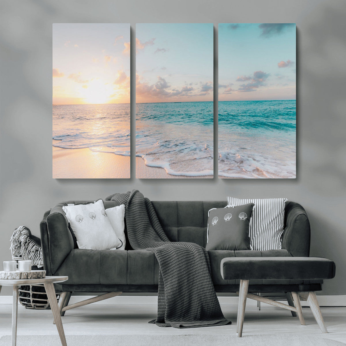 Tranquil Ocean Beach Sunset Canvas Wall Art | 3-Panel Coastal Decor