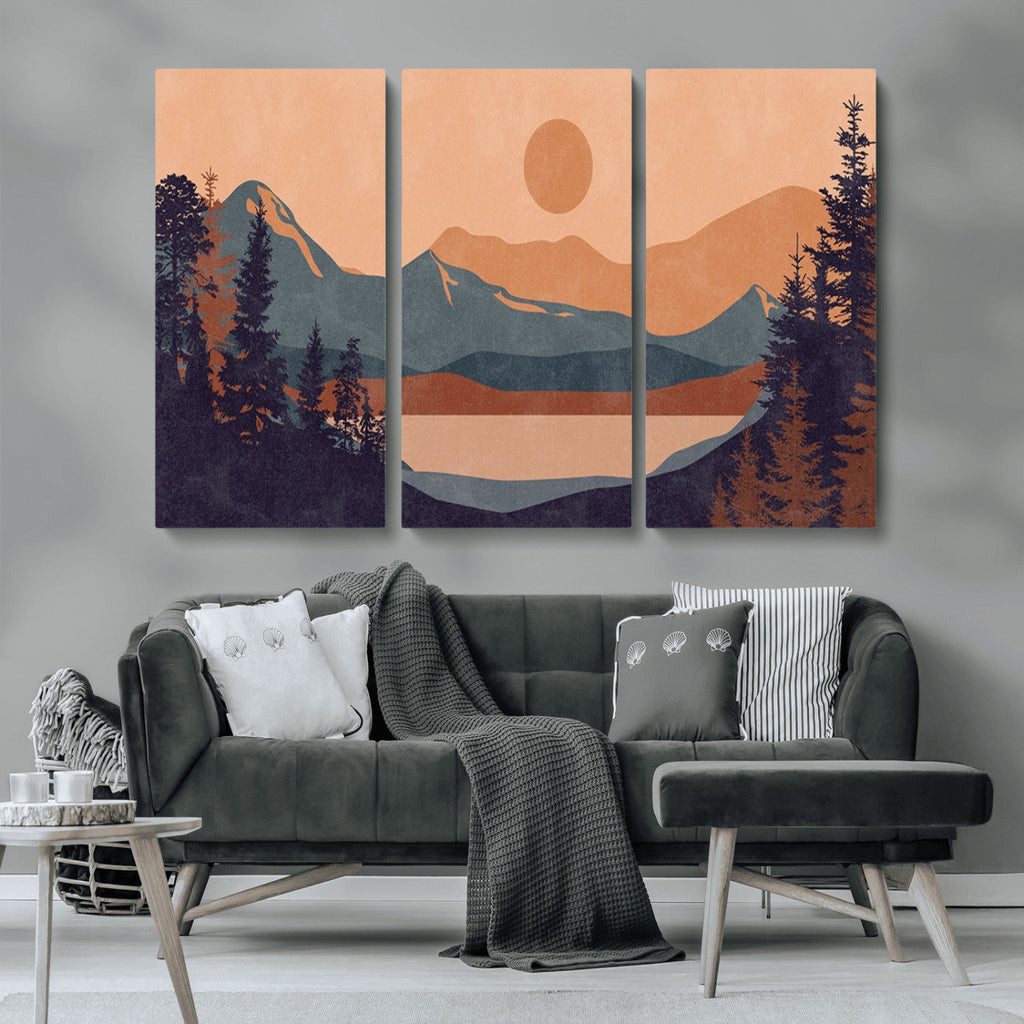 Modern Boho Sunset Canvas Print, Mountain Landscape Triptych