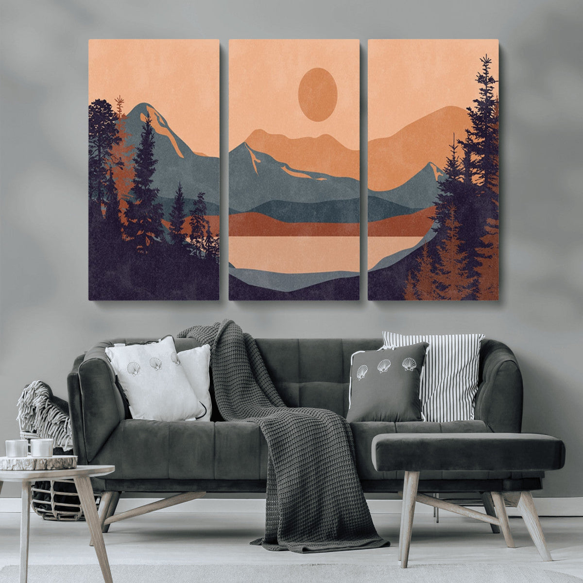 Modern Boho Sunset Canvas Print, Mountain Landscape Triptych