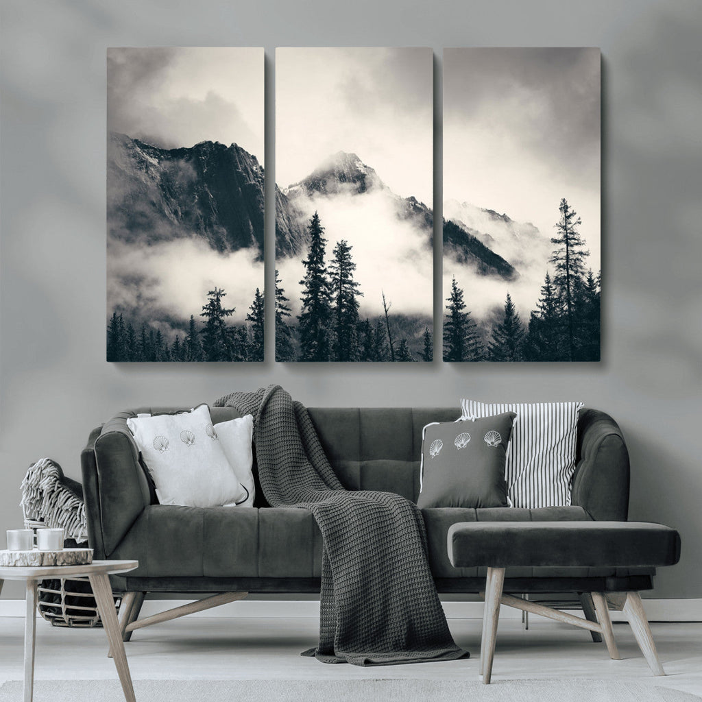 Forest Mountain Print | Black and White Canvas Wall Art with Misty Forest Design