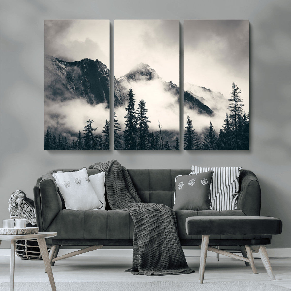 Forest Mountain Print | Black and White Canvas Wall Art with Misty Forest Design