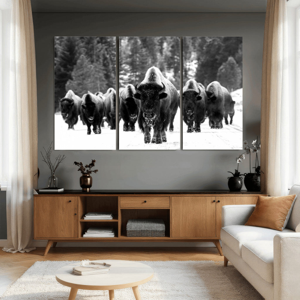 Bison Herd in Snow Wall Art Canvas Print | Rustic Western Bison Wall Art for Living Room and Farmhouse Decor