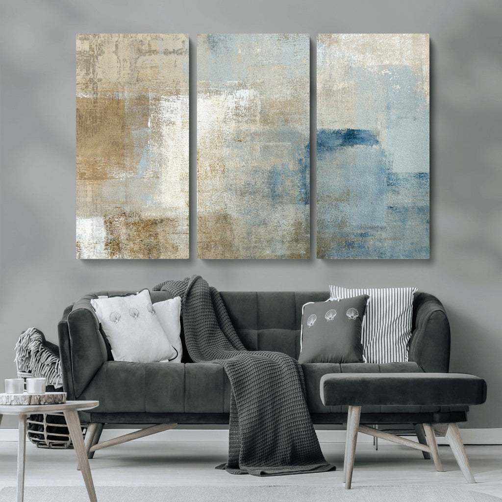 Abstract Blue and Beige Wall Art, Modern Minimalist Canvas Print Set