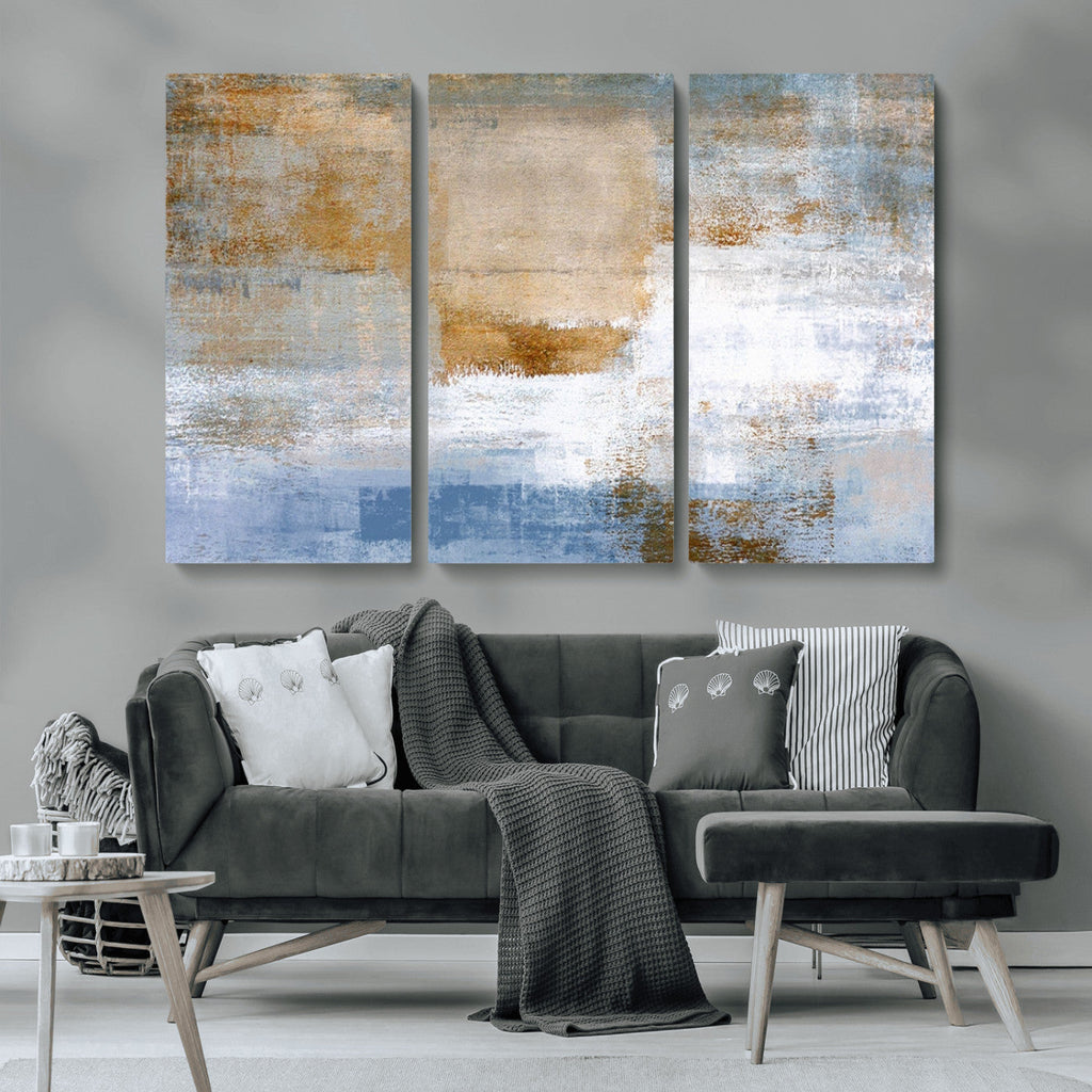Blue Multi Panel Abstract Wall Art Canvas, Abstract Blue and Gold Canvas Print
