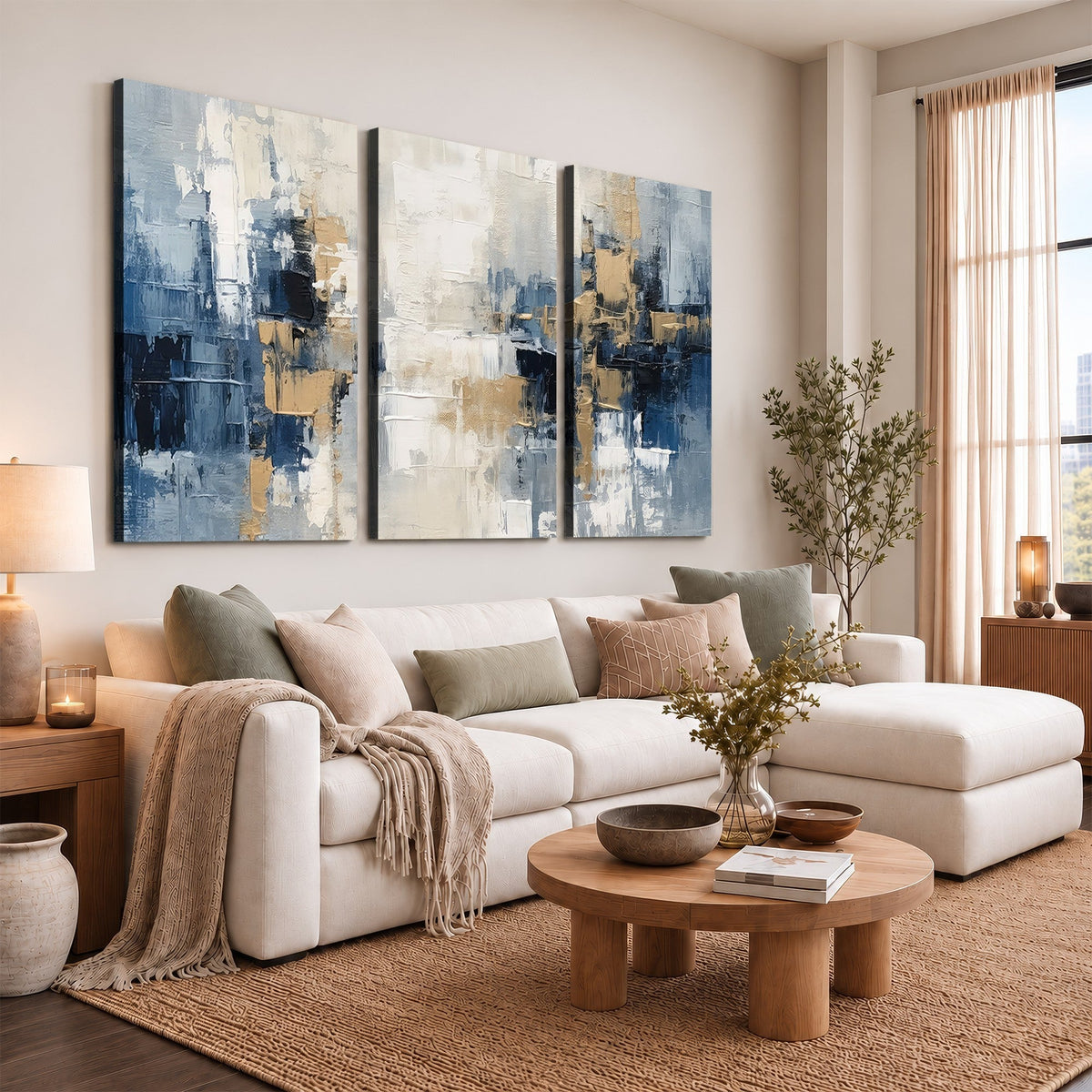 Modern Abstract Canvas Wall Art in Blue and Gold Tones | Large Contemporary Art for Living Room
