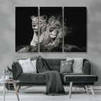 Lion Couple Wall Art Canvas Print, Elegant Black and White Wildlife Portrait