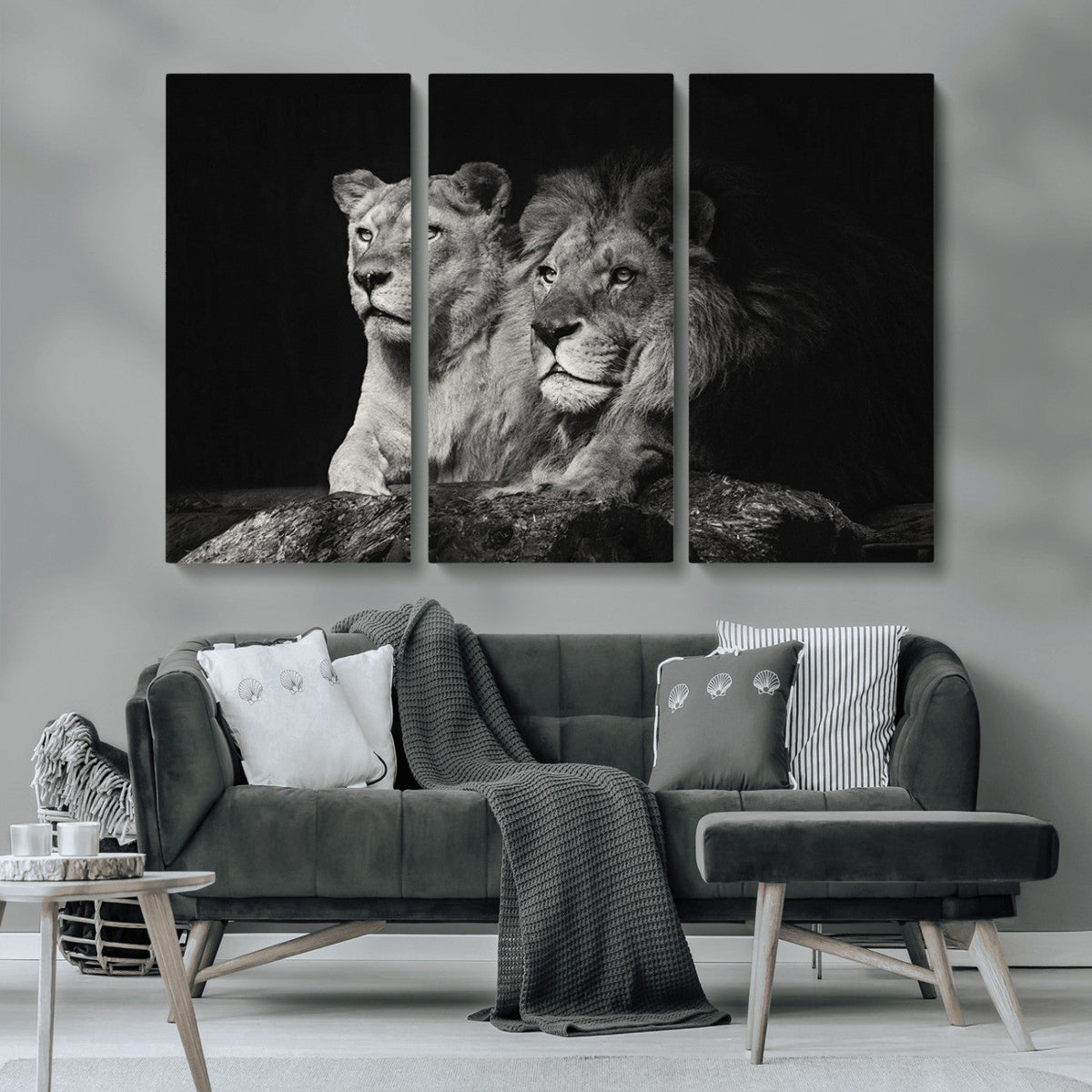 Lion Couple Wall Art Canvas Print, Elegant Black and White Wildlife Portrait