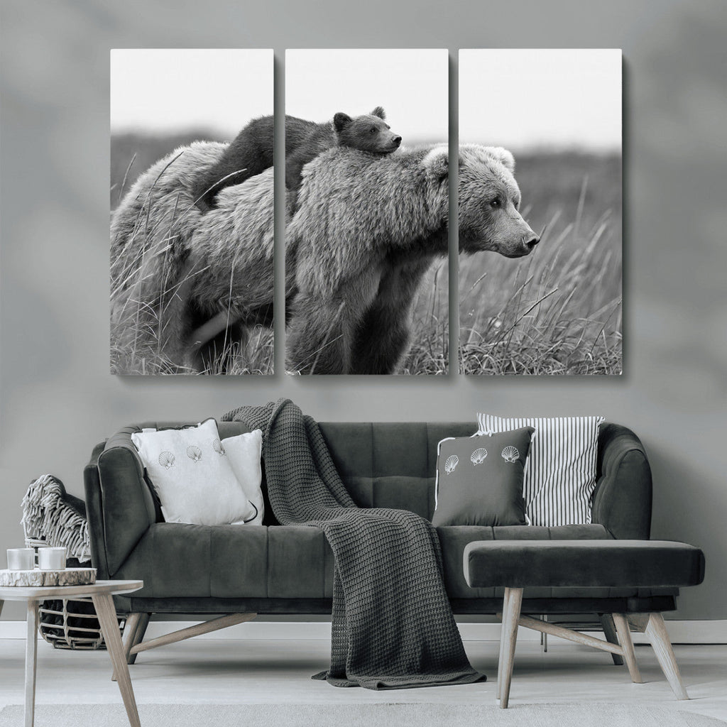 Bear and Cub Wall Art Canvas | Grizzly 399 Bear and Cub Black and White Wildlife Print