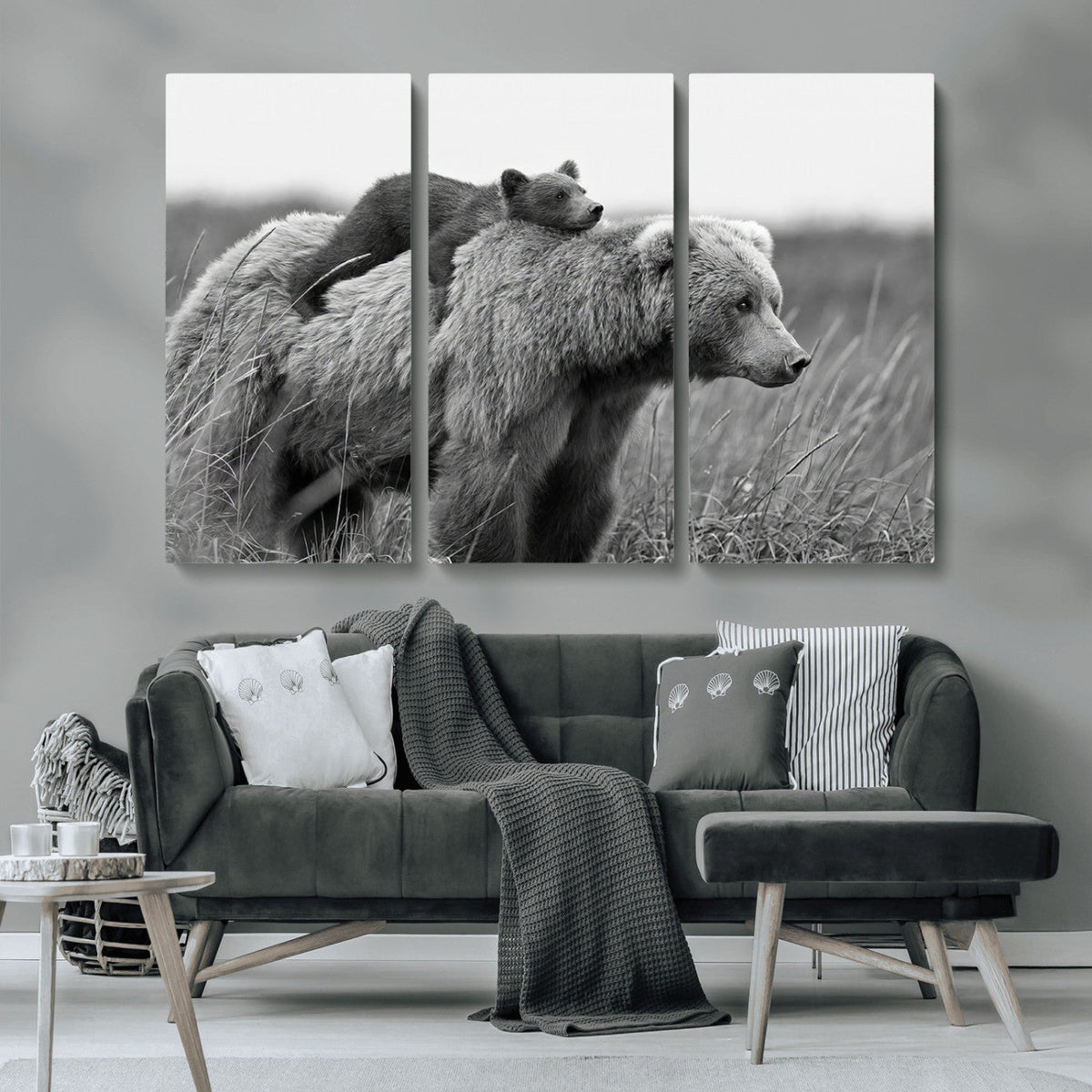Bear and Cub Wall Art Canvas | Grizzly 399 Bear and Cub Black and White Wildlife Print