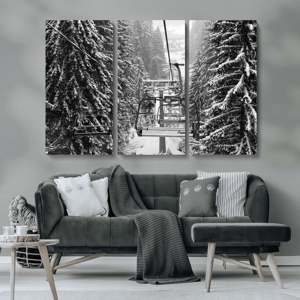 Winter Ski Lift Black and White Canvas Wall Art | Alpine Escape in Minimalist Style