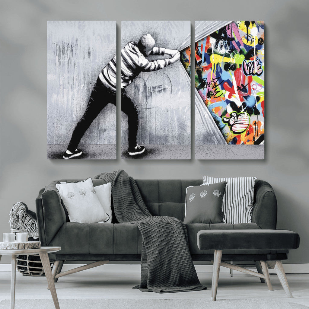 Banksy Art Behind the Curtain Street Wall Art Canvas Print | Urban Graffiti Style Wall Decor