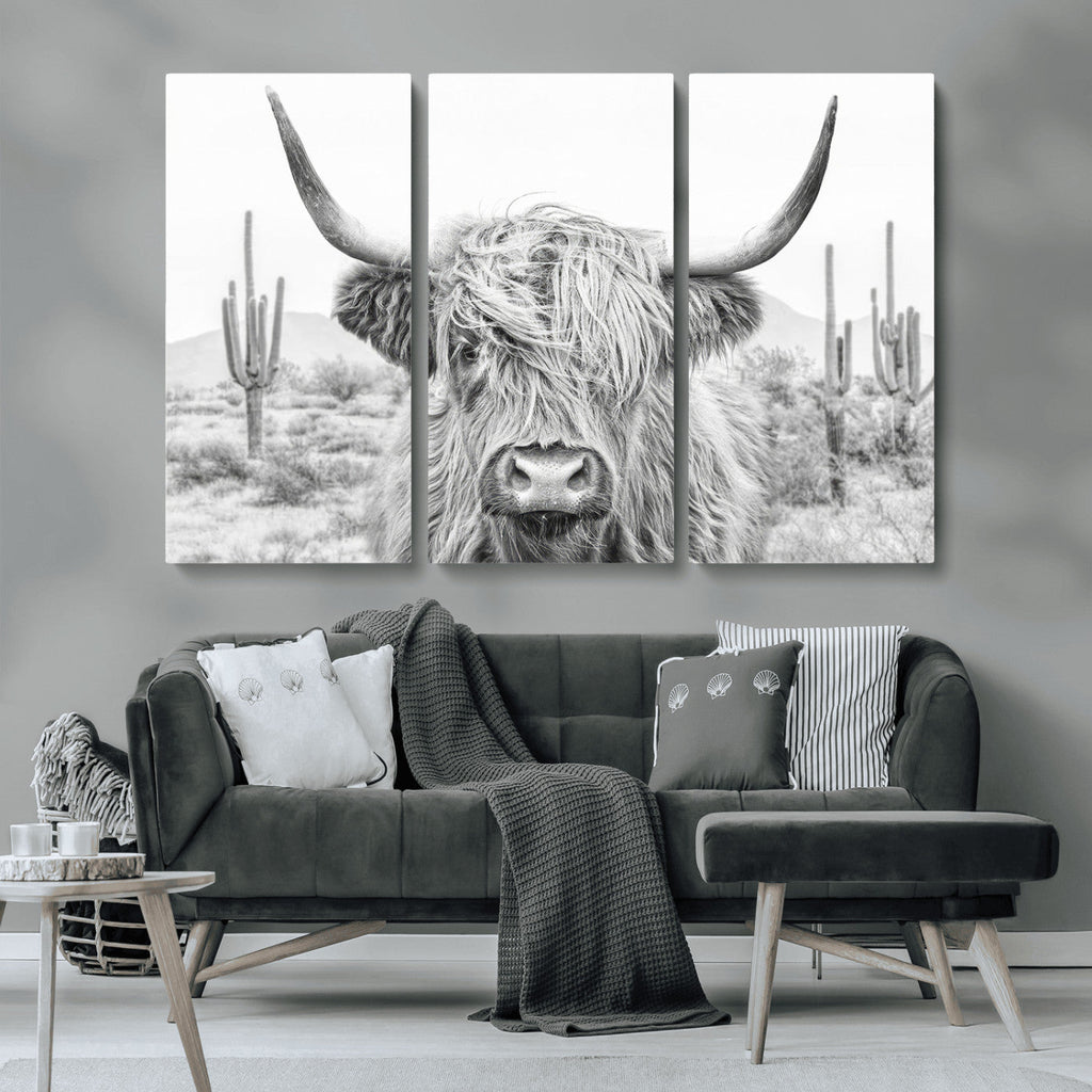 Rustic Charm, Cow Longhorn Black White Bighorn Wall Art