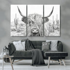 Rustic Charm, Cow Longhorn Black White Bighorn Wall Art