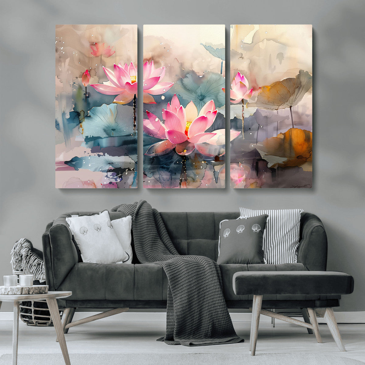Lotus Flower Wall Art | 3 Panel Giclee Canvas Print of Pink Lotus Blossoms