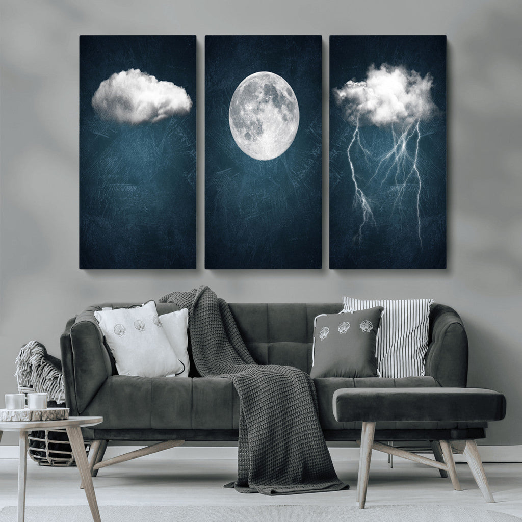 3 Piece Indigo Cloud Wall Art, Thunderstorm Moon Cloud Artwork