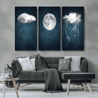 3 Piece Indigo Cloud Wall Art, Thunderstorm Moon Cloud Artwork