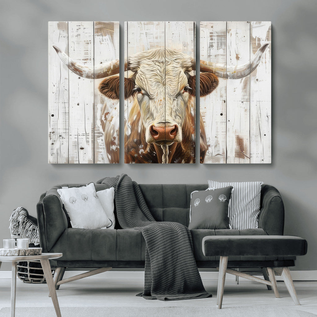Rustic Longhorn Bull Wall Art Canvas Set