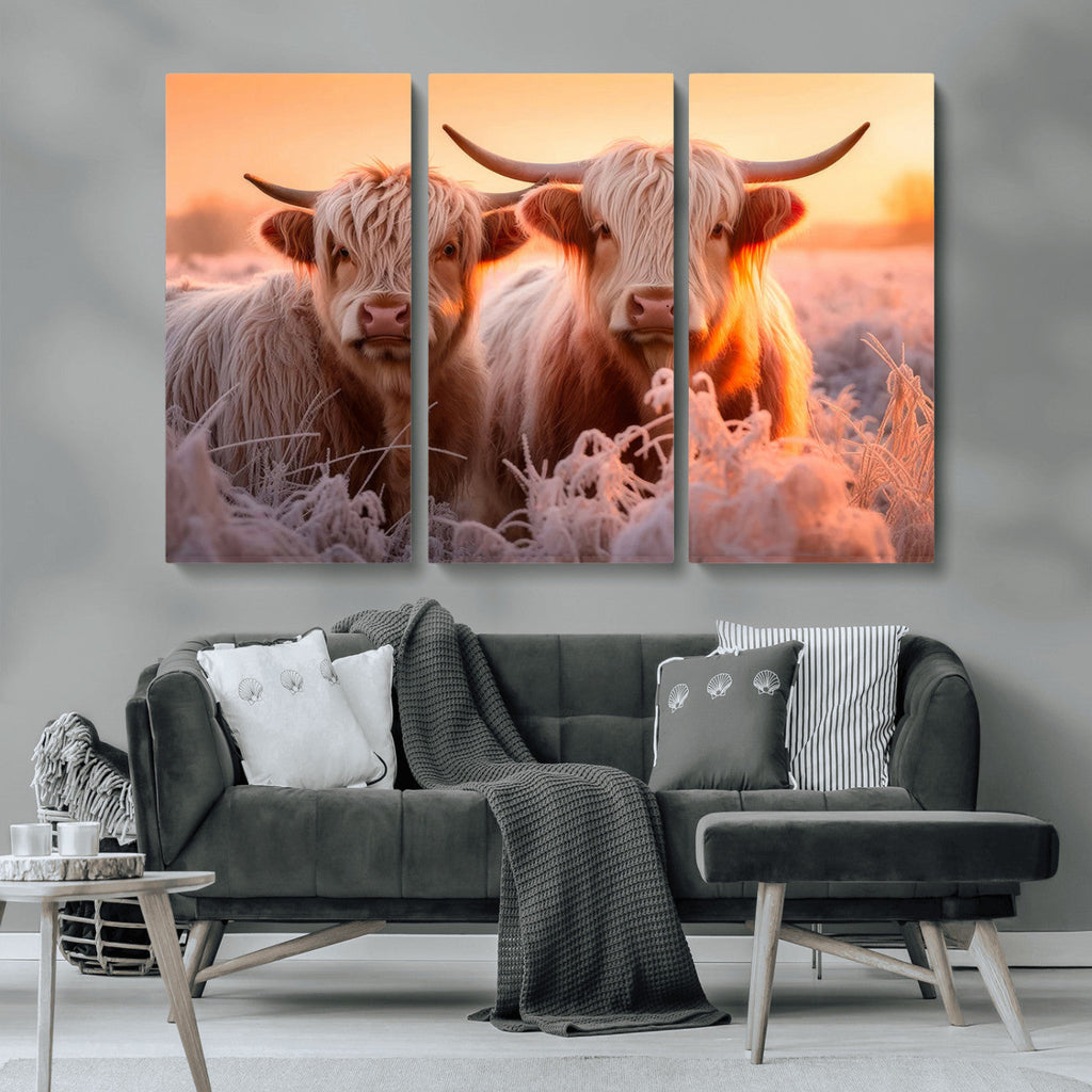 Highland Cows at Sunrise Wall Art Canvas Set