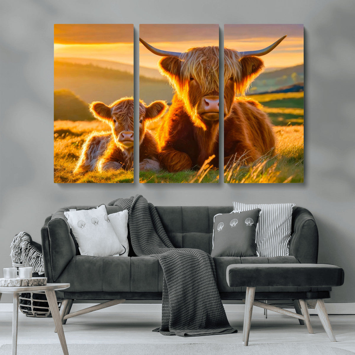 Scottish Cow and Baby Cow Canvas Wall Art Animal Print