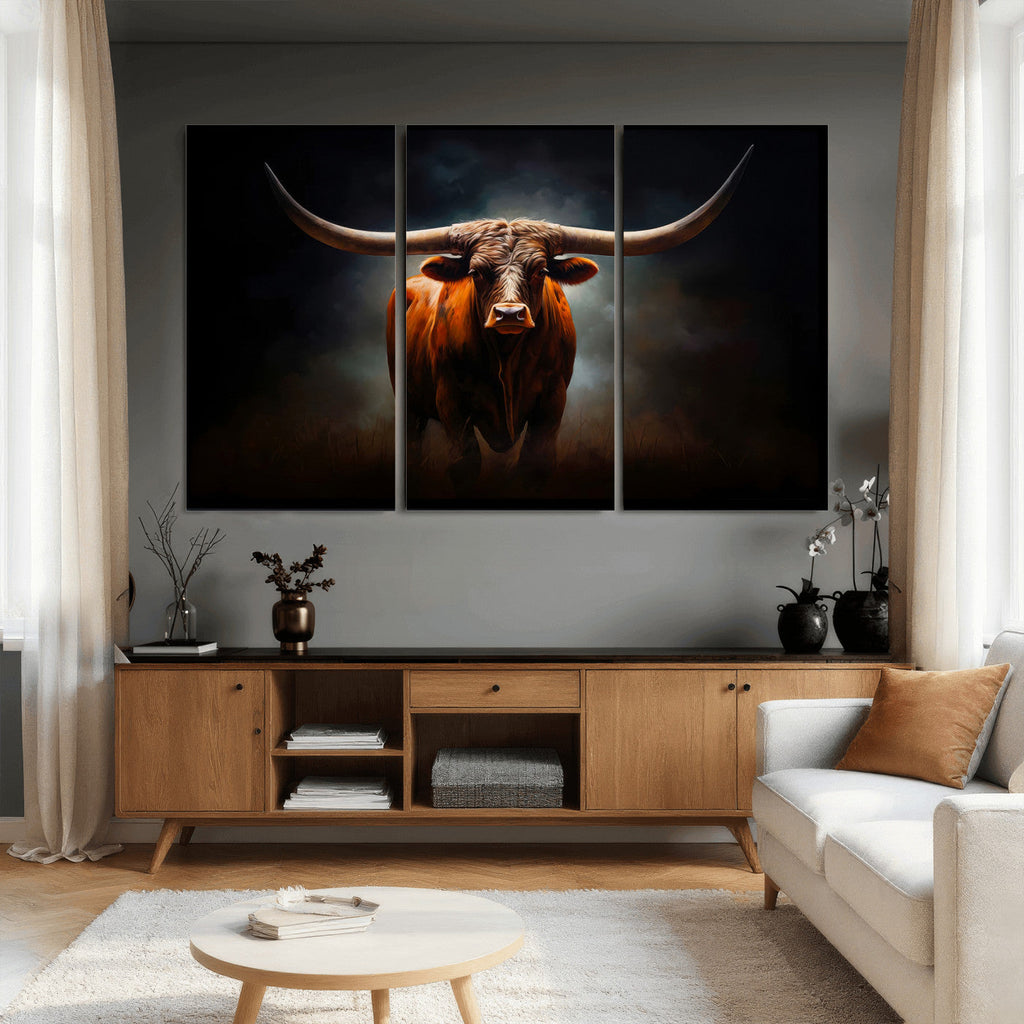 Abstract Texas Longhorn Wall Art Print | 3-Panel Large Texas Longhorn Canvas