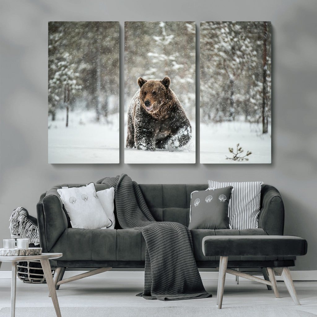 Grizzly Bear Wall Art | Framed Snowy Forest Canvas Artwork