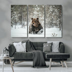 Grizzly Bear Wall Art | Framed Snowy Forest Canvas Artwork