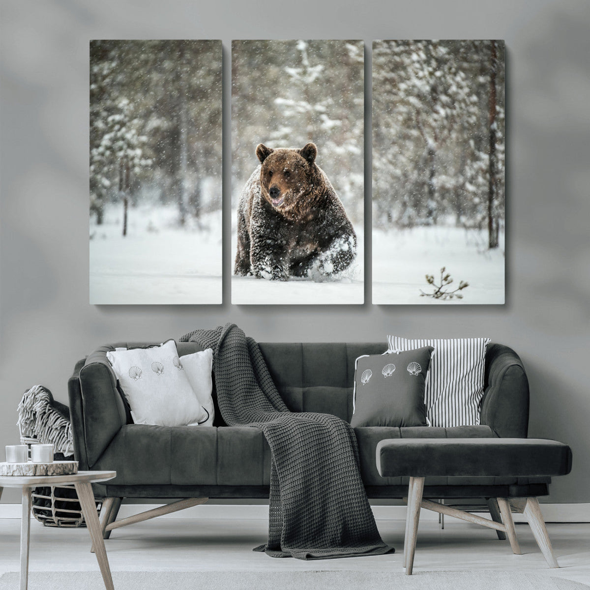 Grizzly Bear Wall Art | Framed Snowy Forest Canvas Artwork