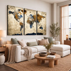 World Map Wall Art | Antique Style Blue and Brown Map Canvas Print