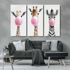 Bubblegum Animals Canvas Wall Art, Playful Giraffe and Zebra Trio, Whimsical Nursery and Kids Room Decor