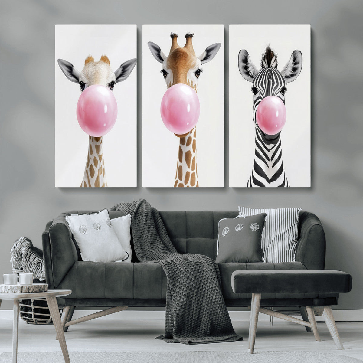 Bubblegum Animals Canvas Wall Art, Playful Giraffe and Zebra Trio, Whimsical Nursery and Kids Room Decor