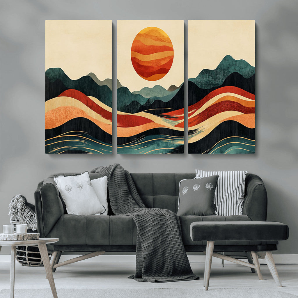 Mountain Triptych Wall Art Canvas Print | Western Boho Pine Tree Nature Print