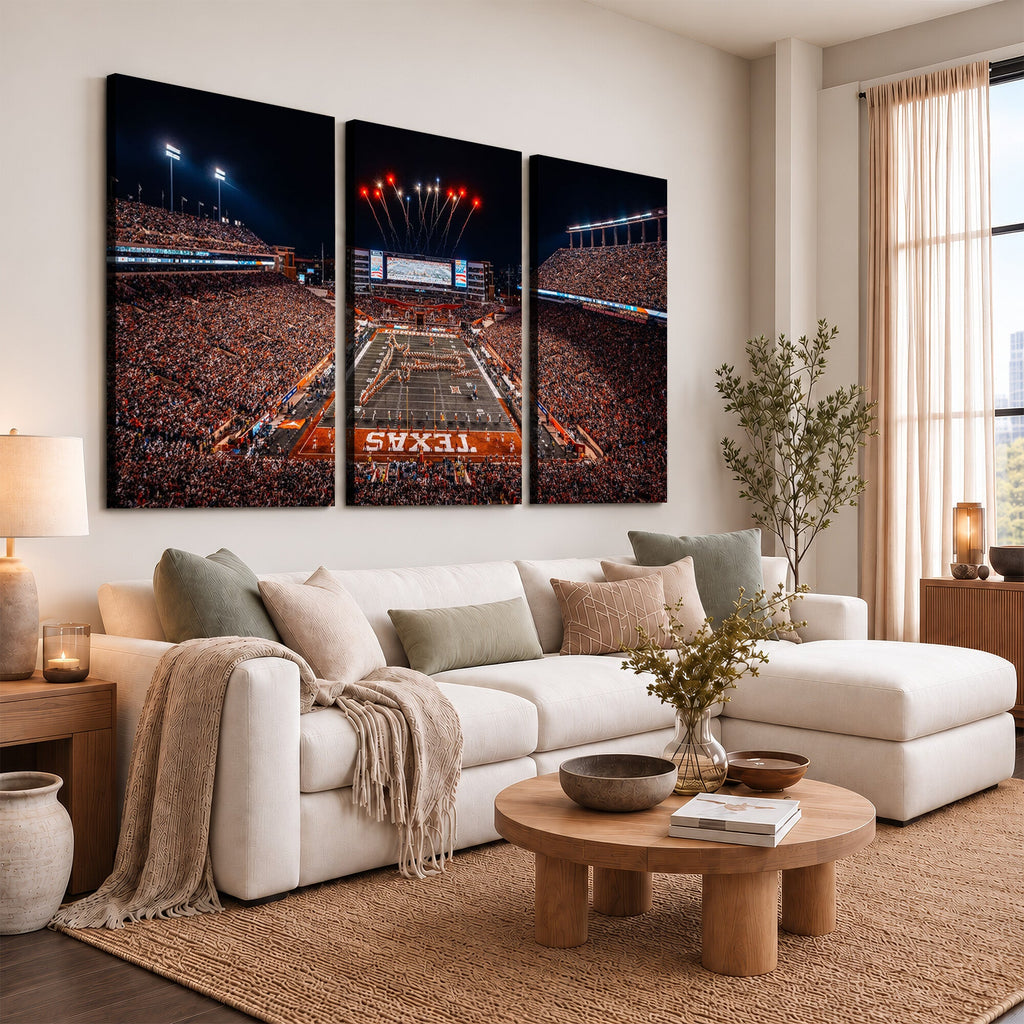 Texas Stadium Night Game Wall Art Canvas Print, Vibrant Football Fireworks Scene