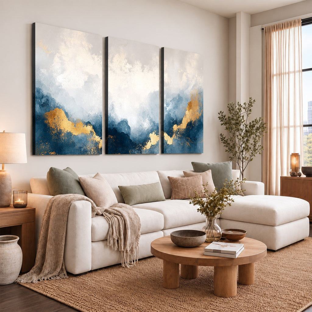 Abstract Blue and Gold Clouds Wall Art Canvas Print, Framed Modern Landscape Artwork