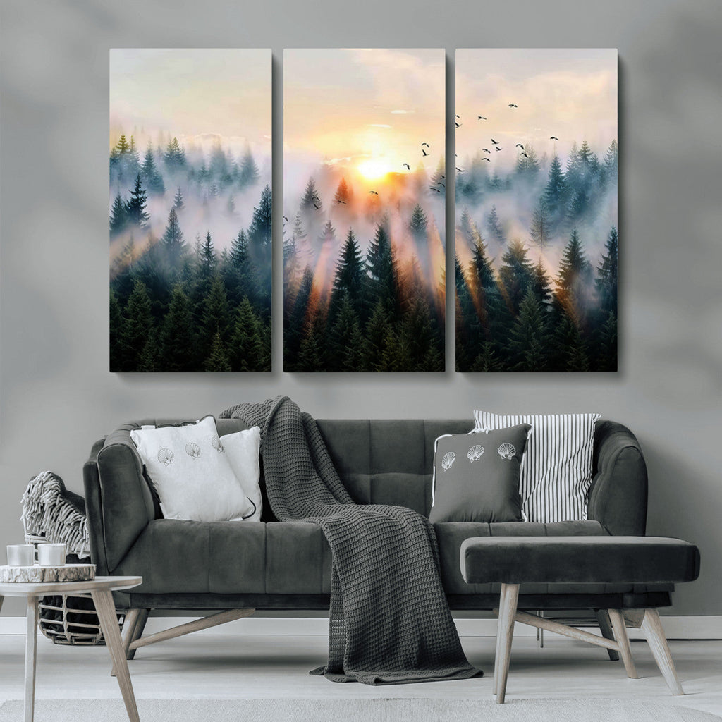 Abstract Forest Wall Art, Serene Nature Canvas Print with Misty Forest Design for Modern Home Decor