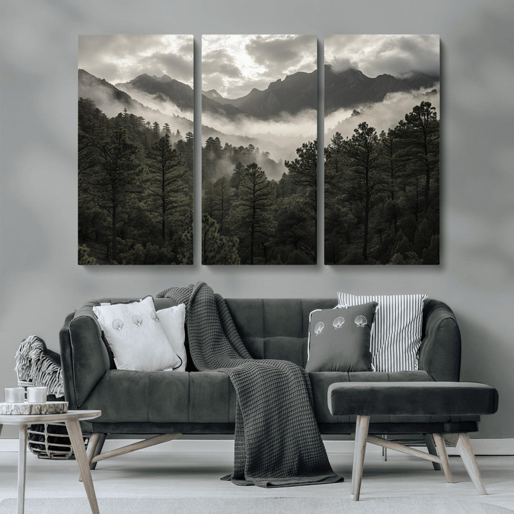 Moody Forest Wall Art | Framed Mountain Fog Canvas Artwork