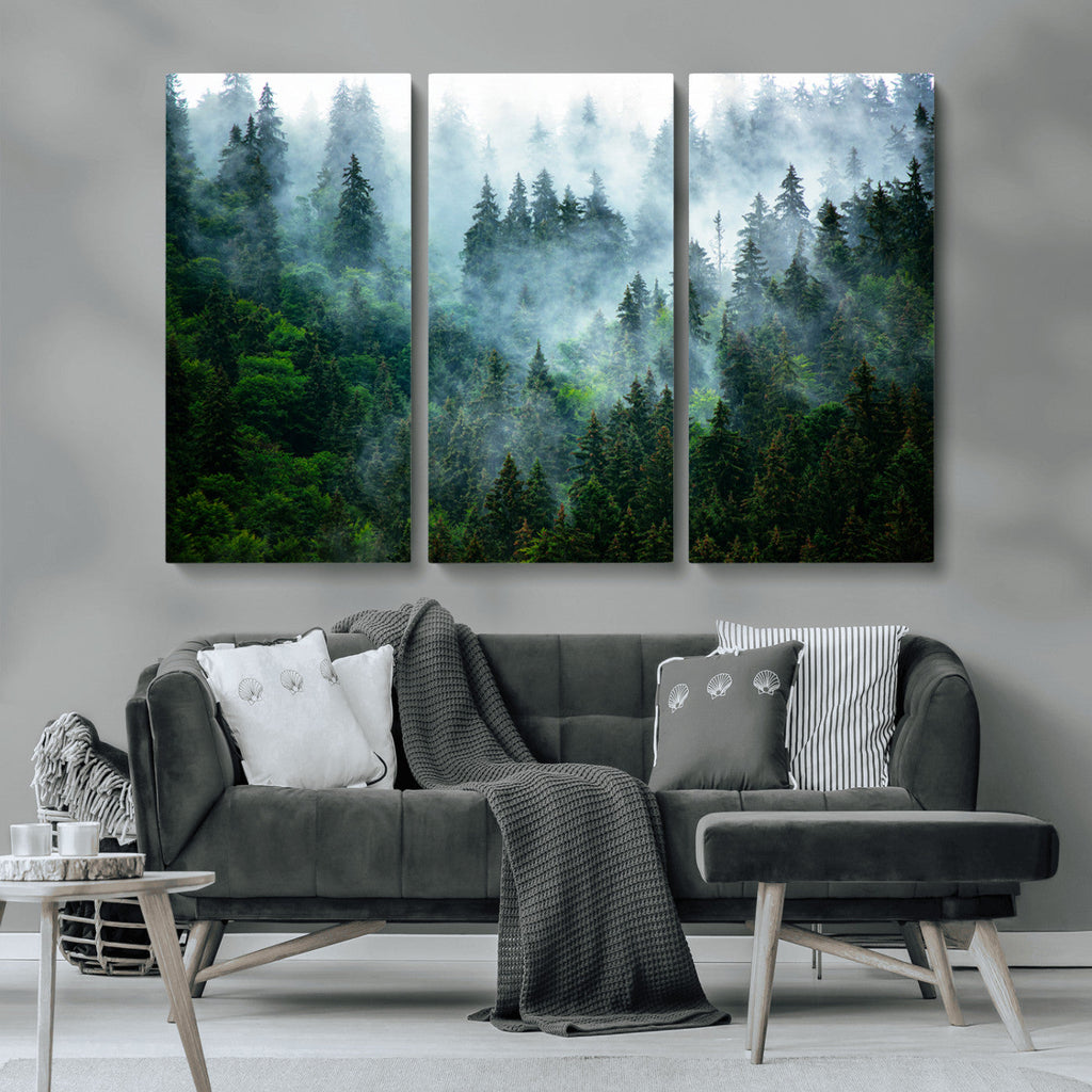 Misty Forest Wall Art Canvas Print, Framed Foggy Mountain Art, Large Scenic Woodland Canvas