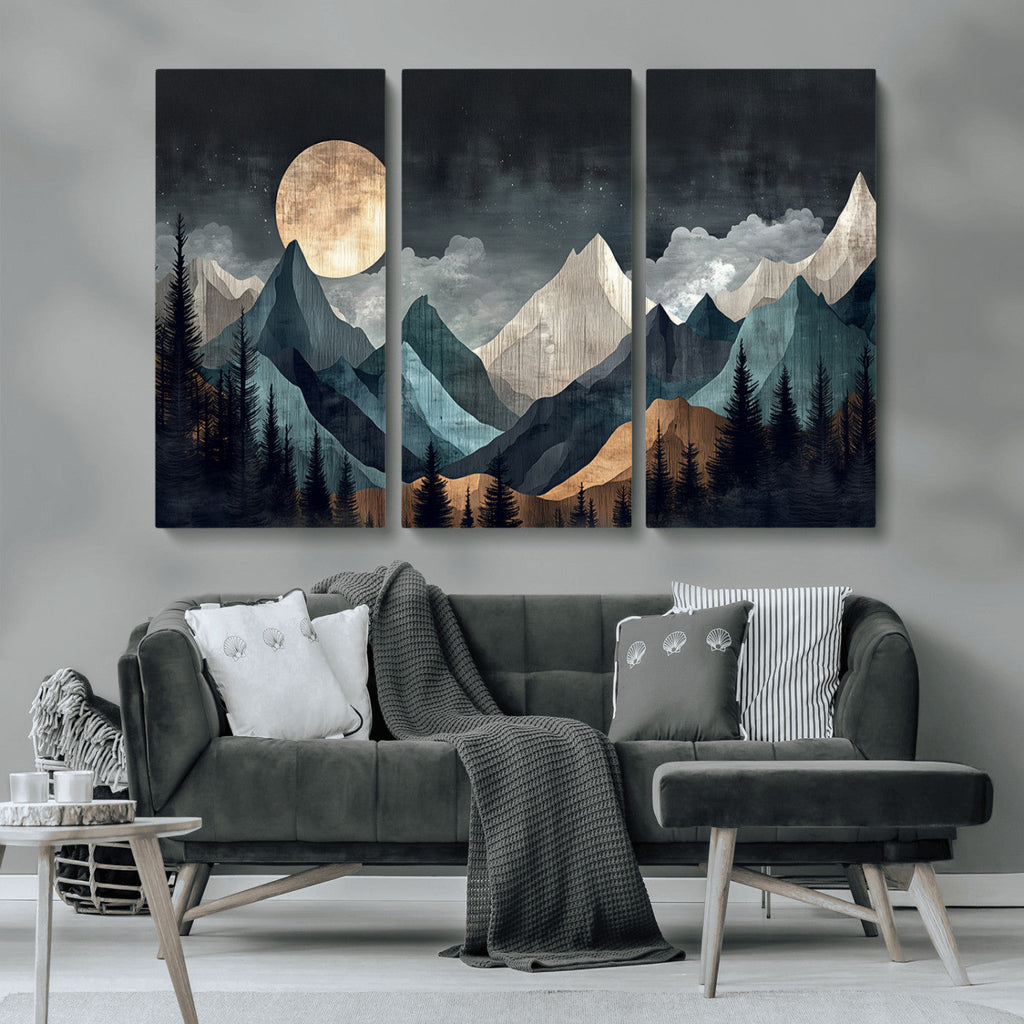 Moonlit Mountain Wall Art Canvas Print, Framed Silhouetted Pines Art, Layered Peaks Rustic Decor