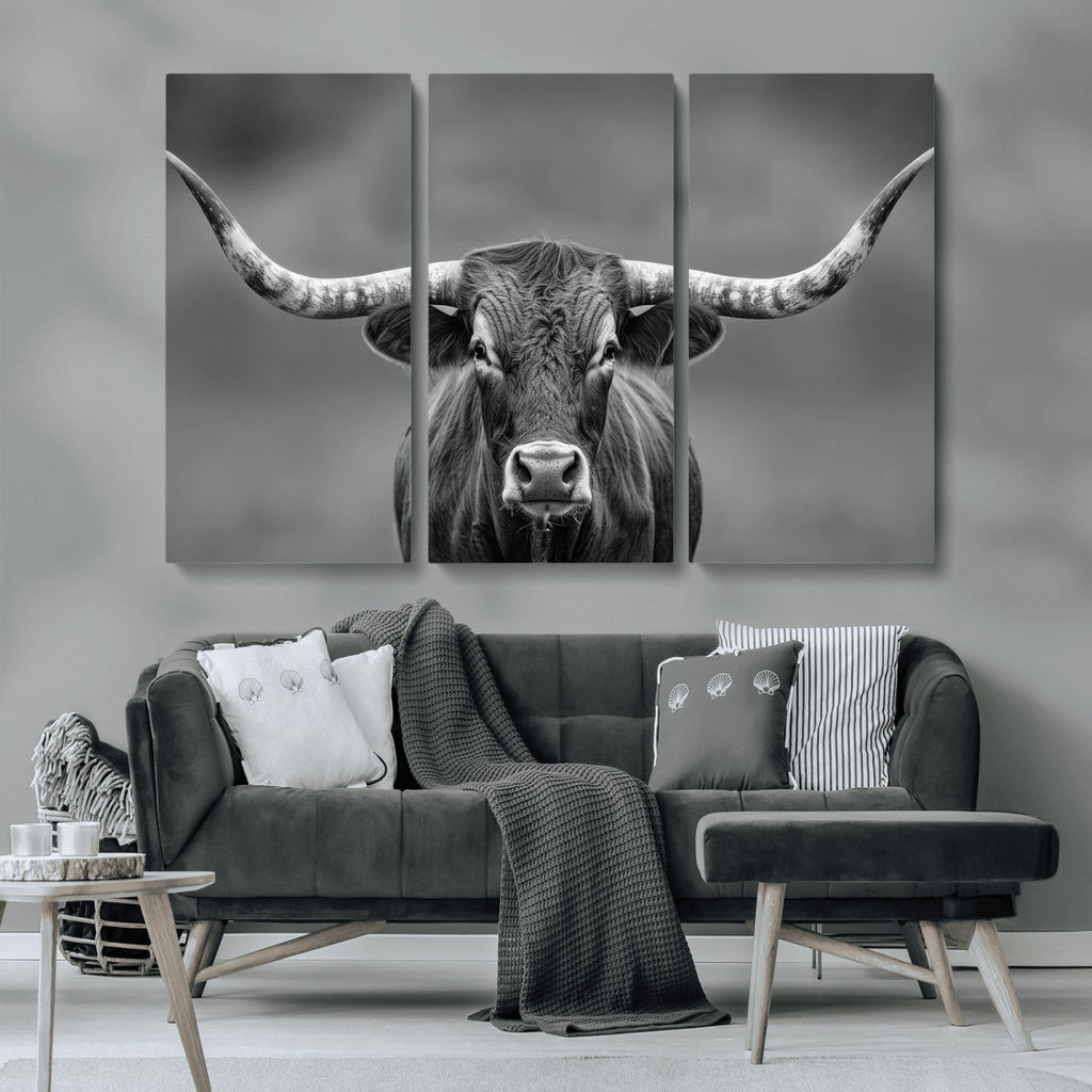 Texas Longhorn Wall Art Canvas Print, Framed Western Bull Photography, Rustic Log Cabin Decor