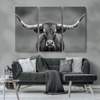 Texas Longhorn Wall Art Canvas Print, Framed Western Bull Photography, Rustic Log Cabin Decor