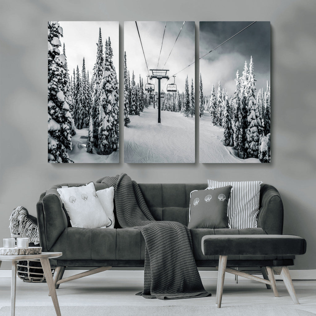 Snowy Pines Wall Art Canvas Print | Ski Lift in a Winter Forest