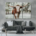 Texas Longhorn Wall Art Canvas Print | Framed Spotted Brown and White Bull
