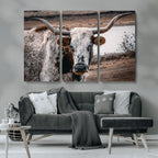 Texas Longhorn Wall Art Canvas Print | Framed Brown and White Spotted Longhorn
