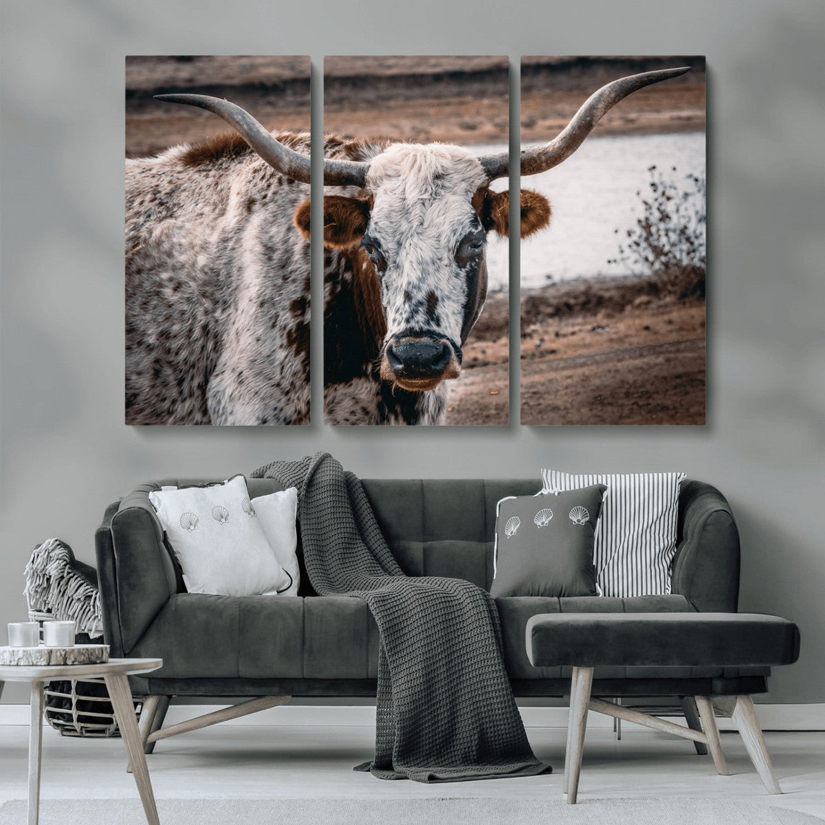 Texas Longhorn Wall Art Canvas Print | Framed Brown and White Spotted Longhorn