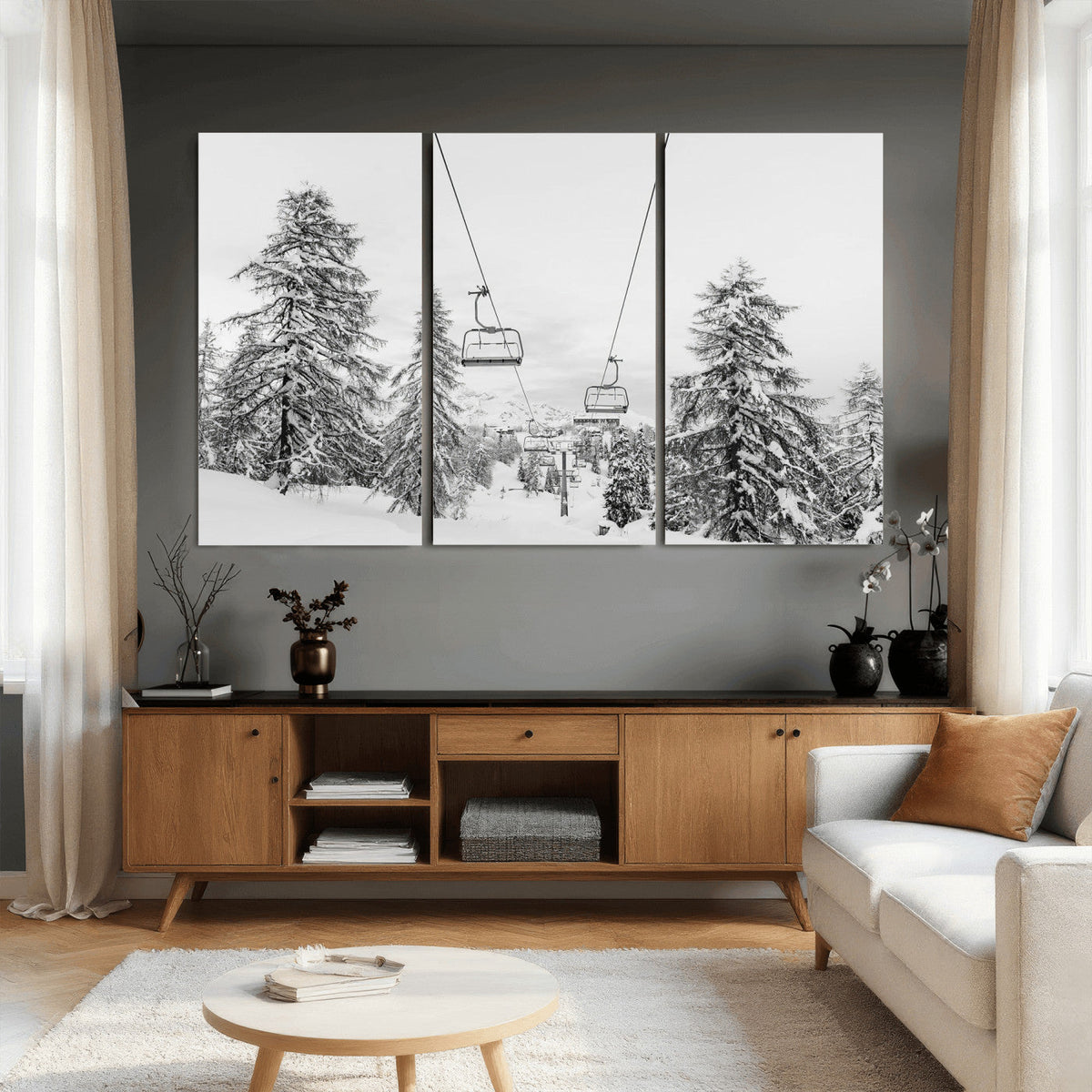 Snowy Ski Lift Wall Art | Framed Winter Forest Canvas