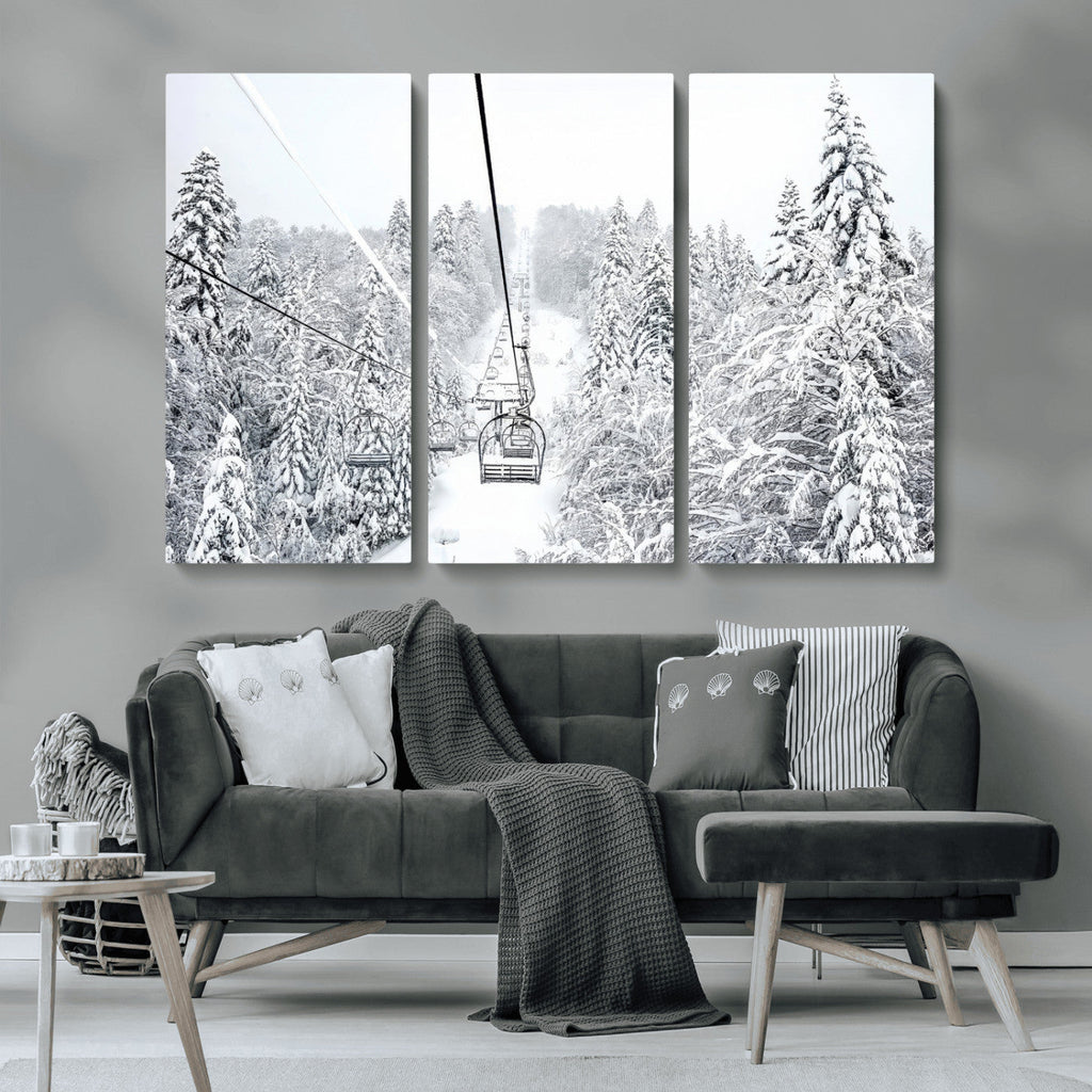 Snowy Ski Lift Wall Art | Framed Winter Mountain Canvas