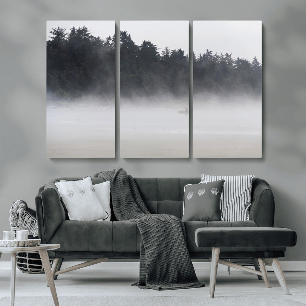 Surfer Fog Wall Art Canvas Print, Framed Foggy Beach and Coastal Surf Scene