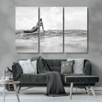 Black and White Surfing Wall Art Canvas Print, Framed Ocean Horizon Surfer Girl