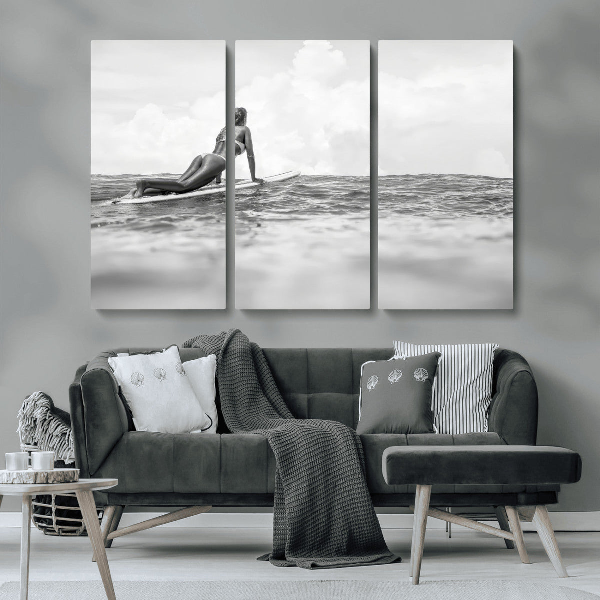 Black and White Surfing Wall Art Canvas Print, Framed Ocean Horizon Surfer Girl
