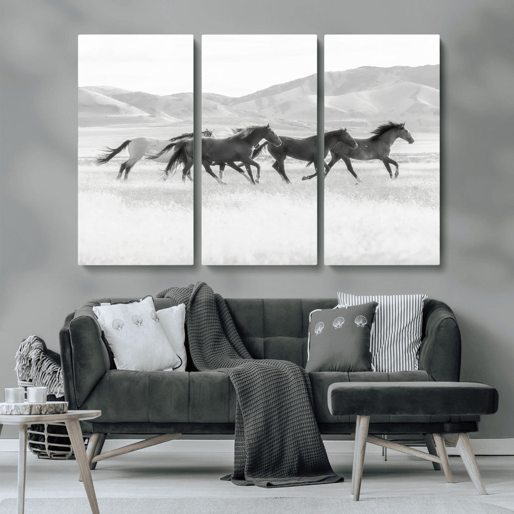 Wild Horses Running Wall Art Canvas Print, Framed Black White Mustangs Artwork