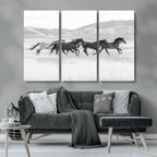 Wild Horses Running Wall Art Canvas Print, Framed Black White Mustangs Artwork